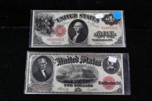 old banknotes of one and two dollars from Texican Rare Coin, Tyler, Texas